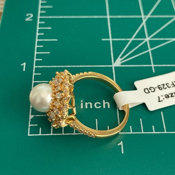 Art Deco Cubic Zirconia White Pearl Cocktail Ring Yellow Gold Plated Size 7 8 9 - Picture 14 of 16
